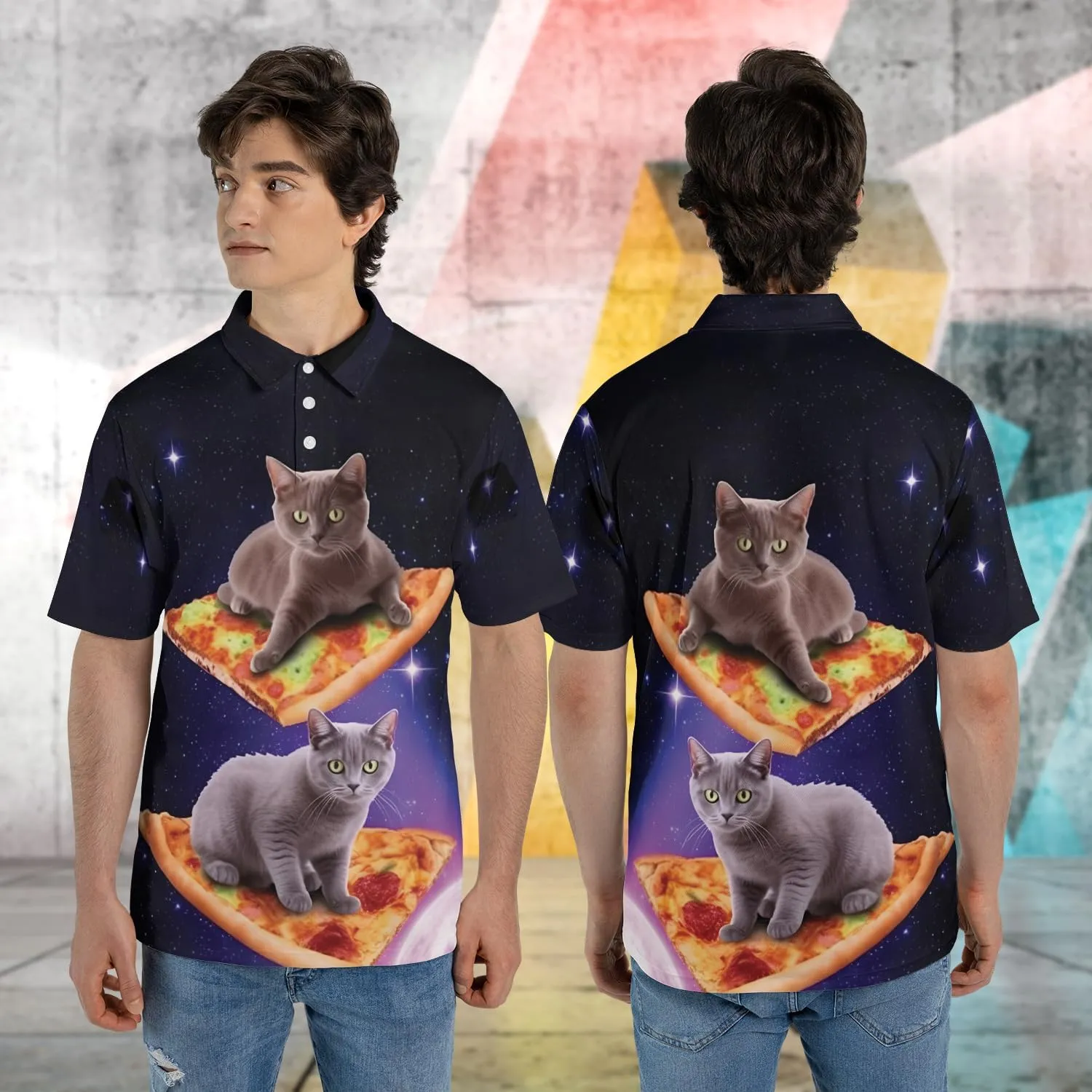 Funny Cat Polo Shirts for Men - Galaxy Cat Mens Quick Dry Short Sleeve Polo Shirts Series 28