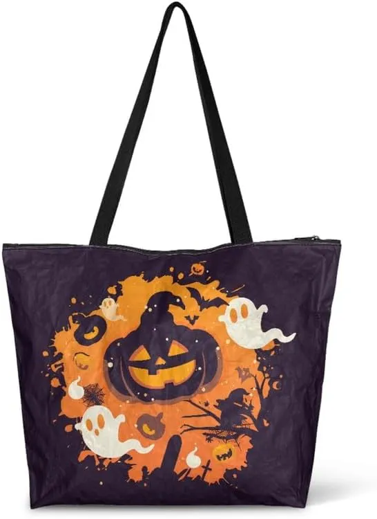 Ghost Bats Pumpkin Paper Tote Bag Colorful Cow Spots Reusable Hand Bag Christmas Pinecone Gift Shoulder Tote Bag