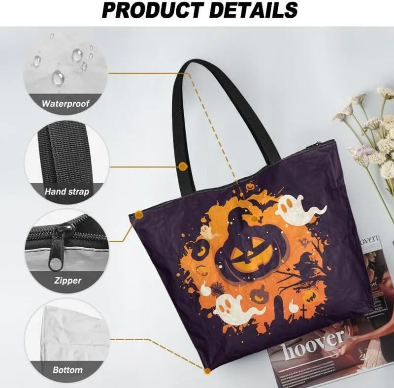 Ghost Bats Pumpkin Paper Tote Bag Colorful Cow Spots Reusable Hand Bag Christmas Pinecone Gift Shoulder Tote Bag