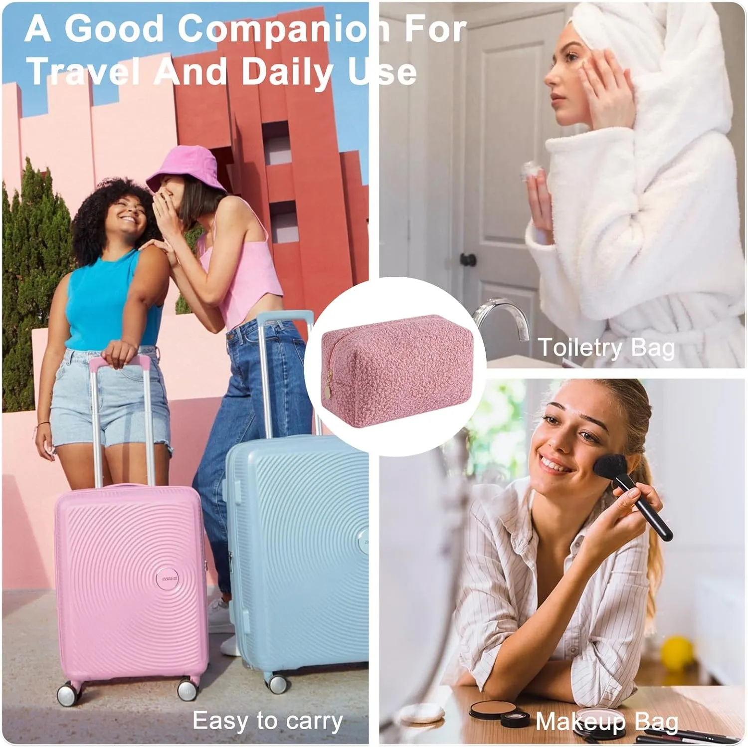 Gleyemor Cute Plush Makeup Bag Travel Pouch Birthday Gifts for Women Wife Her Sister Daughter Christmas Gifts Essential Bag (Pink)