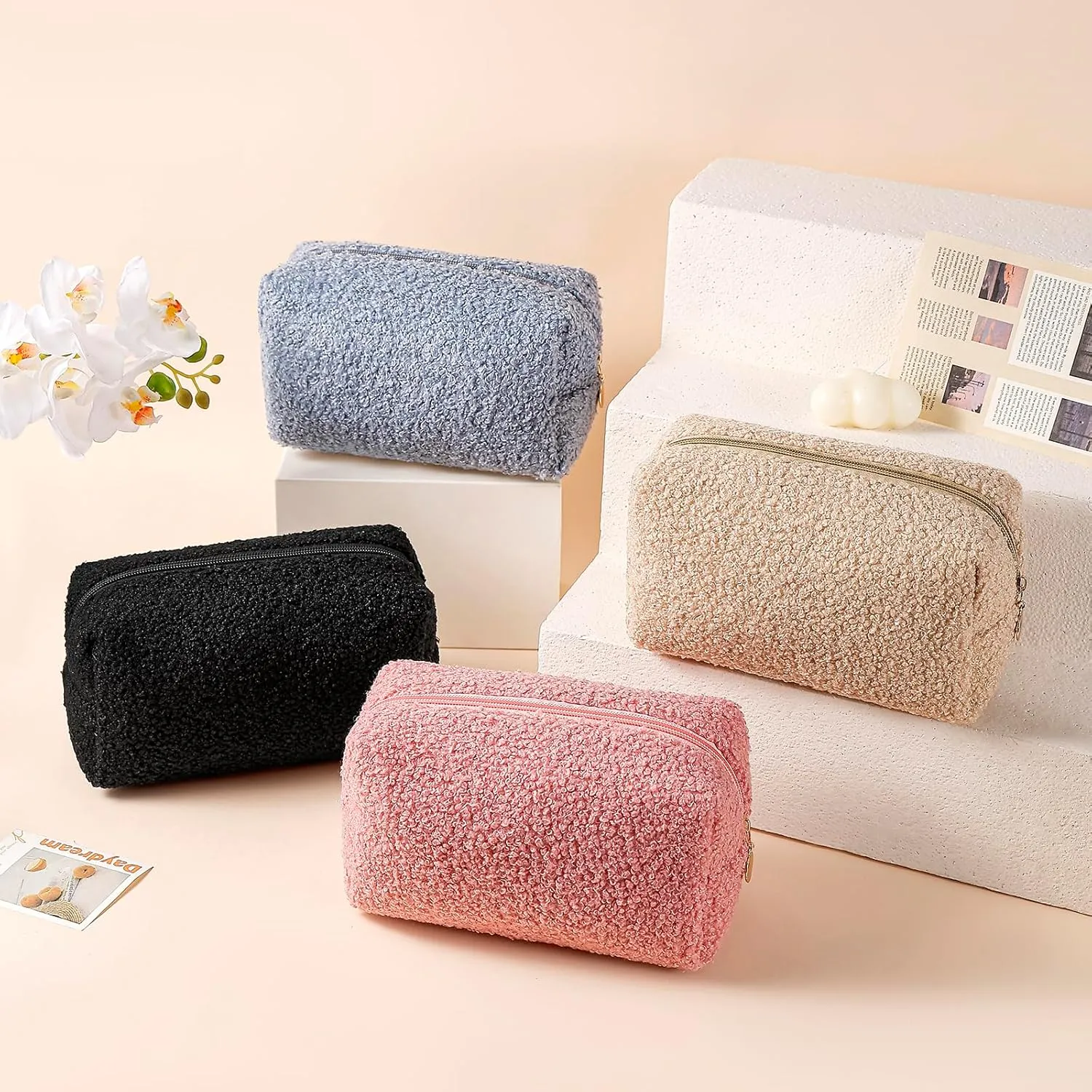 Gleyemor Cute Plush Makeup Bag Travel Pouch Birthday Gifts for Women Wife Her Sister Daughter Christmas Gifts Essential Bag (Pink)