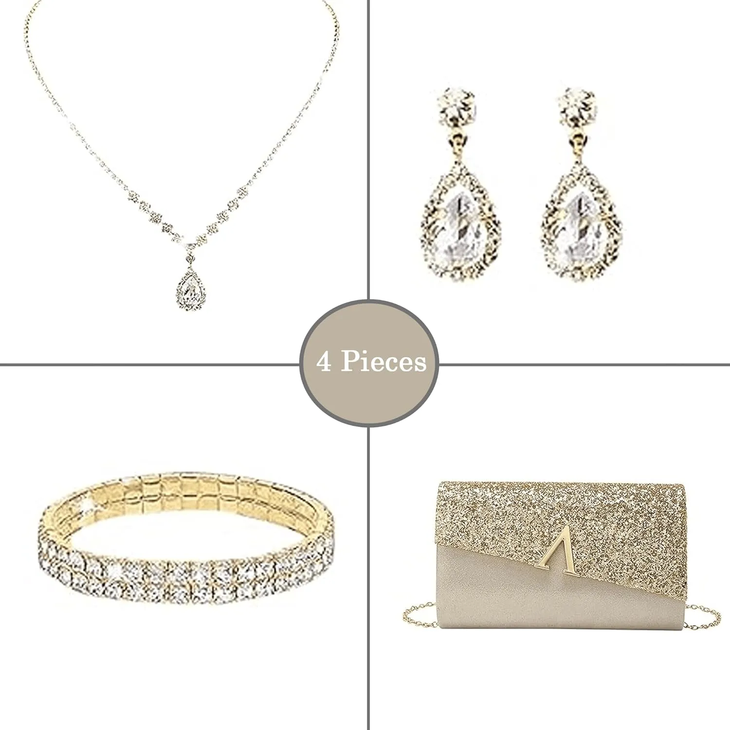 Glitter Evening Clutch Purse for Women Sparkly Shiny Handbag Ladies Wedding Prom Purse with Detachable Chain 4 Pieces Rhinestone Jewelry Set