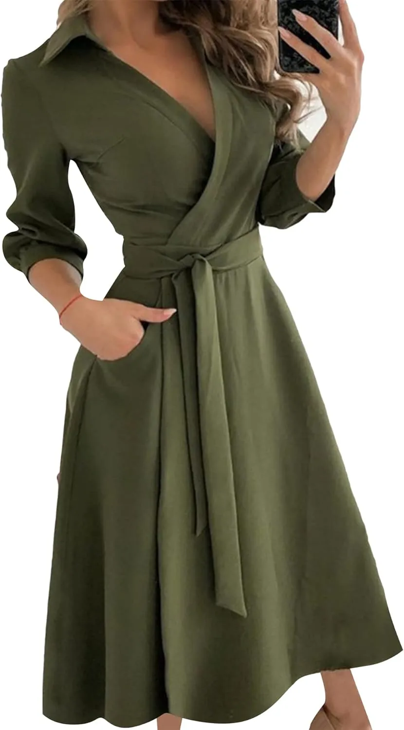 GORIFE Women's Casual Wrap V Neck Long Dress 3/4 Sleeve Floral Print Dress Lapel Flare Fit A-line Tie Belt Dresses
