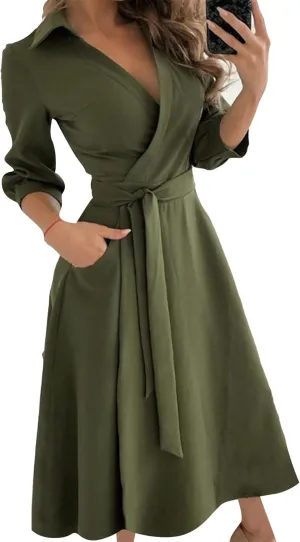 GORIFE Women's Casual Wrap V Neck Long Dress 3/4 Sleeve Floral Print Dress Lapel Flare Fit A-line Tie Belt Dresses