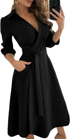 GORIFE Women's Casual Wrap V Neck Long Dress 3/4 Sleeve Floral Print Dress Lapel Flare Fit A-line Tie Belt Dresses