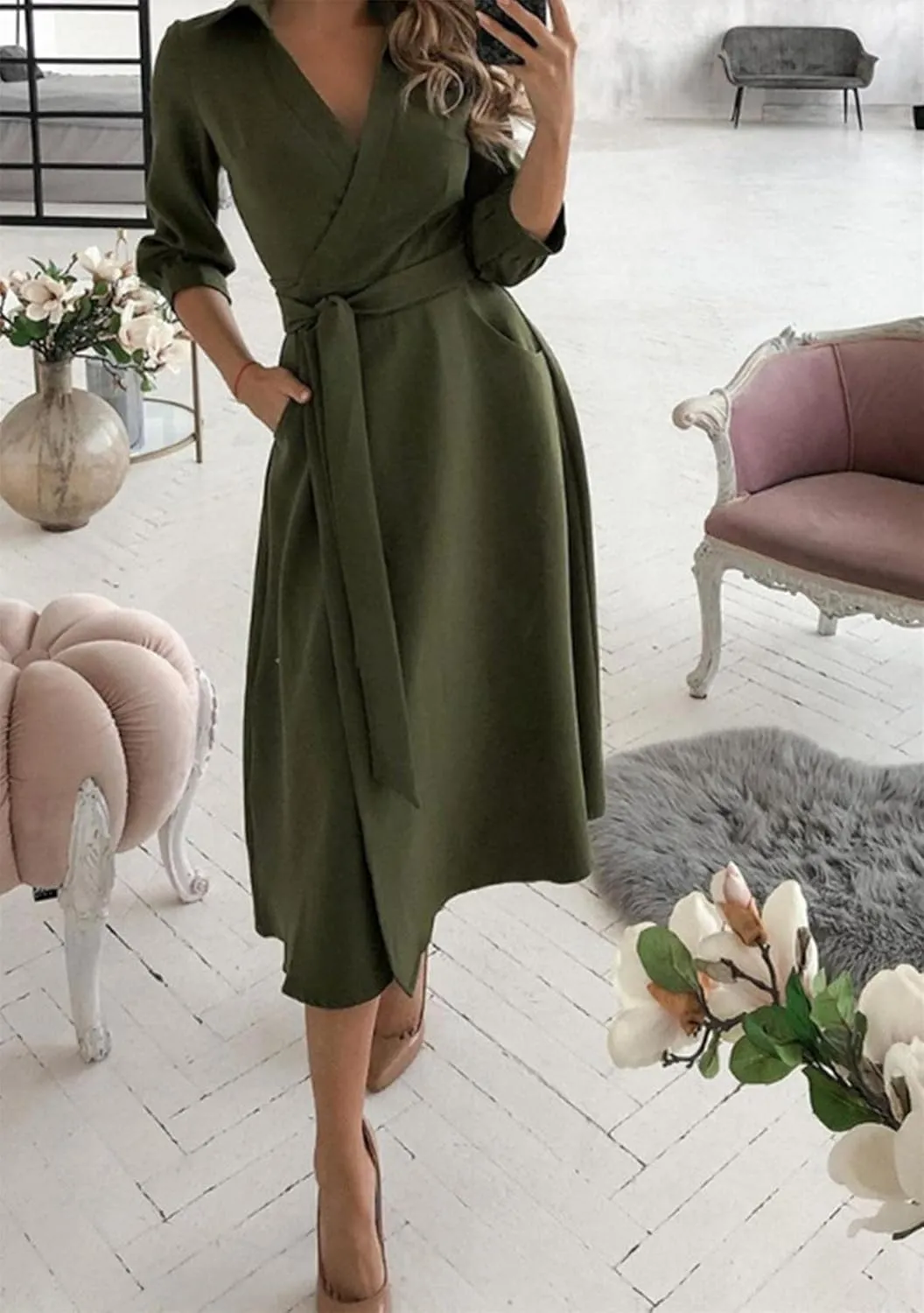 GORIFE Women's Casual Wrap V Neck Long Dress 3/4 Sleeve Floral Print Dress Lapel Flare Fit A-line Tie Belt Dresses