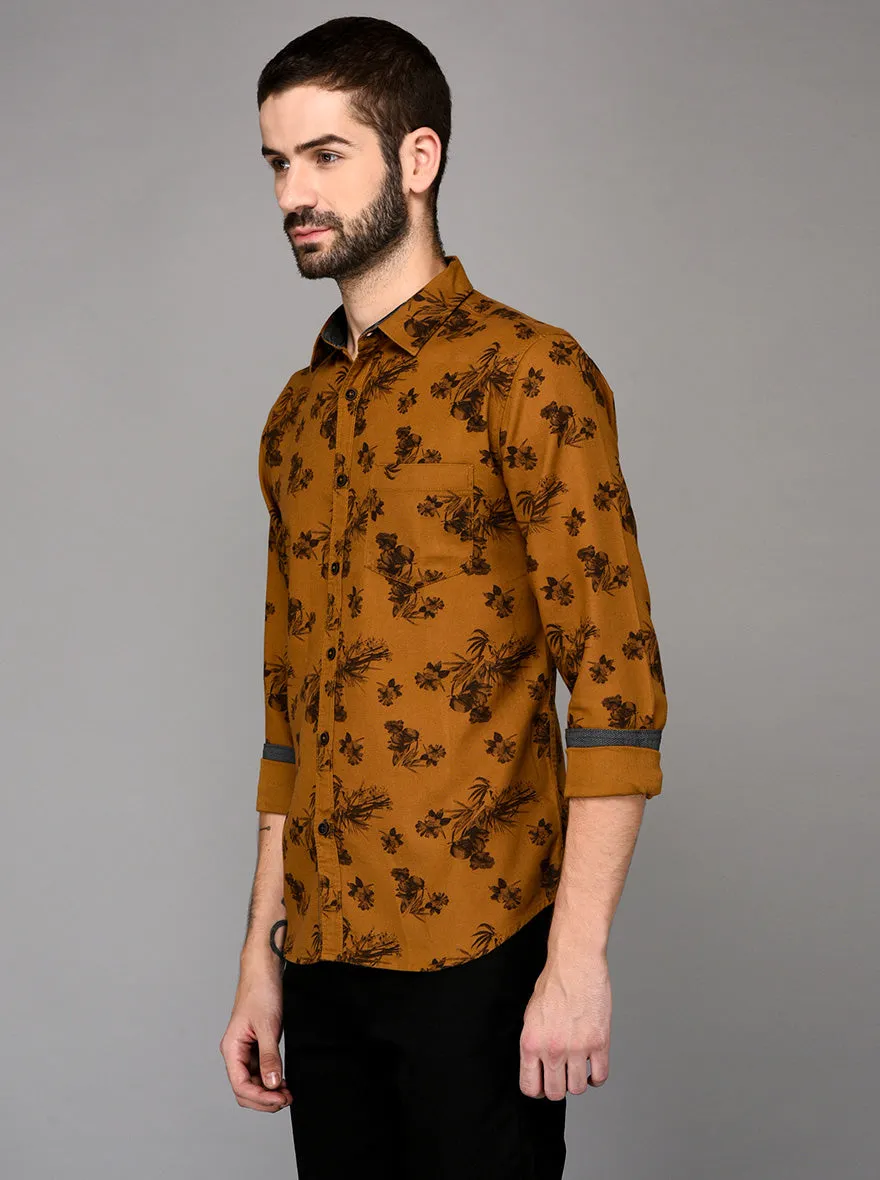 Greenfibre Brown Printed Slim Fit Casual Shirt
