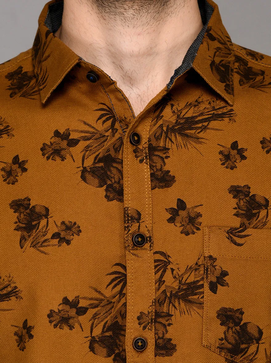 Greenfibre Brown Printed Slim Fit Casual Shirt