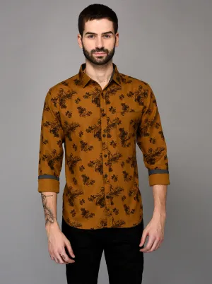 Greenfibre Brown Printed Slim Fit Casual Shirt