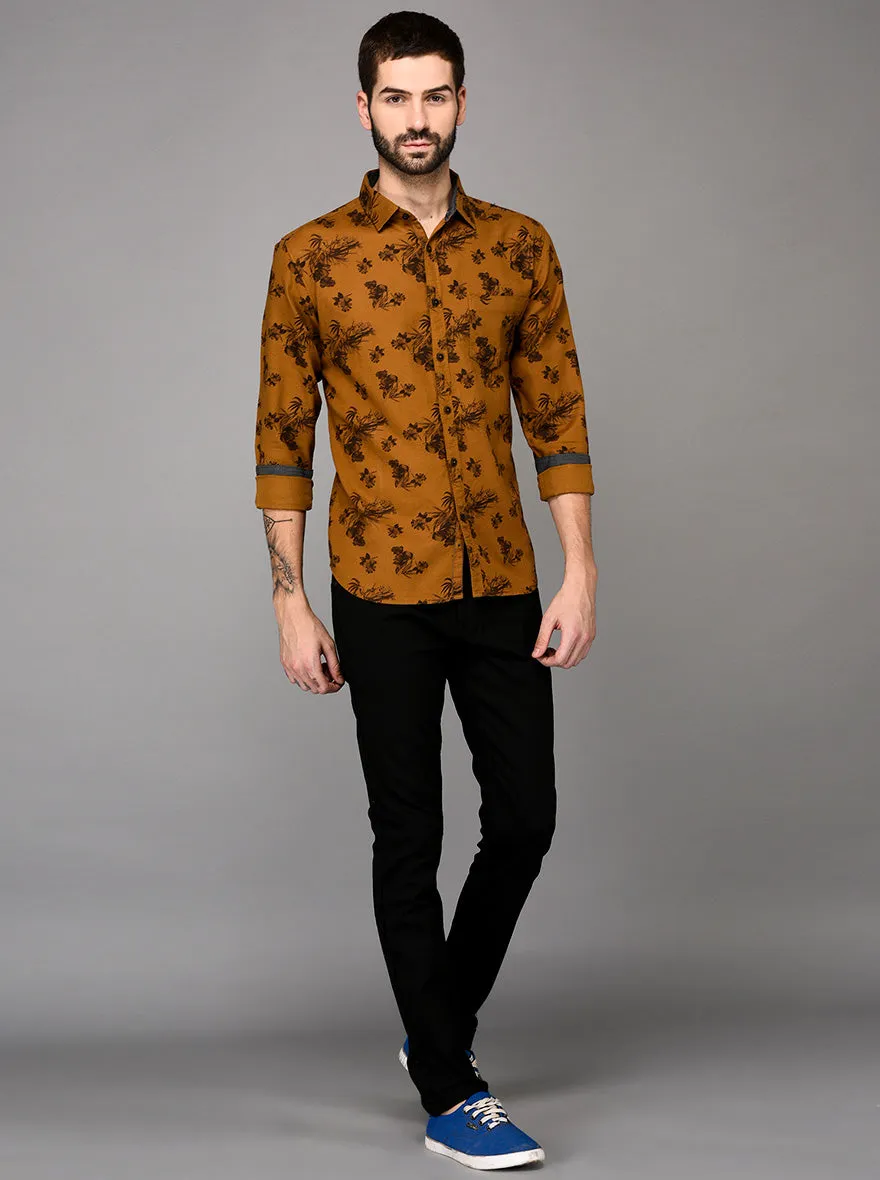 Greenfibre Brown Printed Slim Fit Casual Shirt