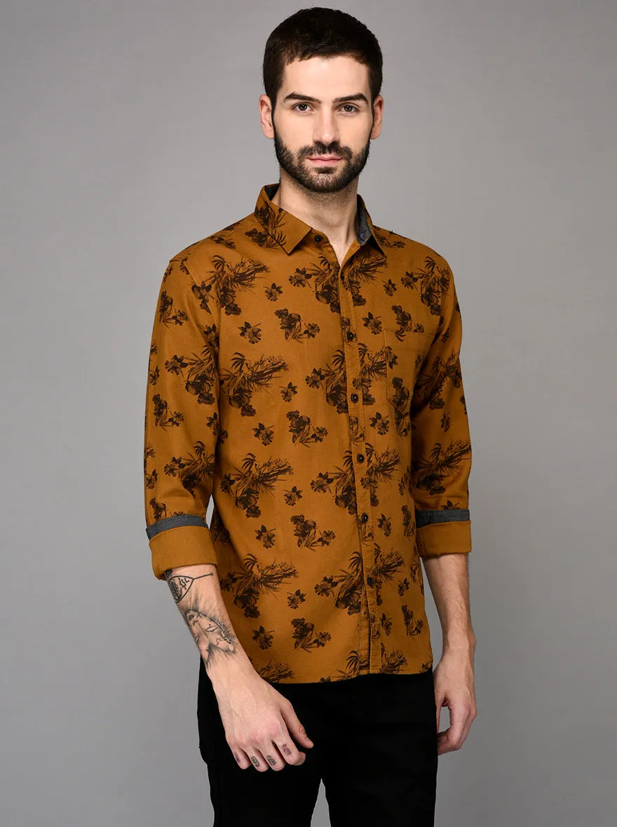 Greenfibre Brown Printed Slim Fit Casual Shirt