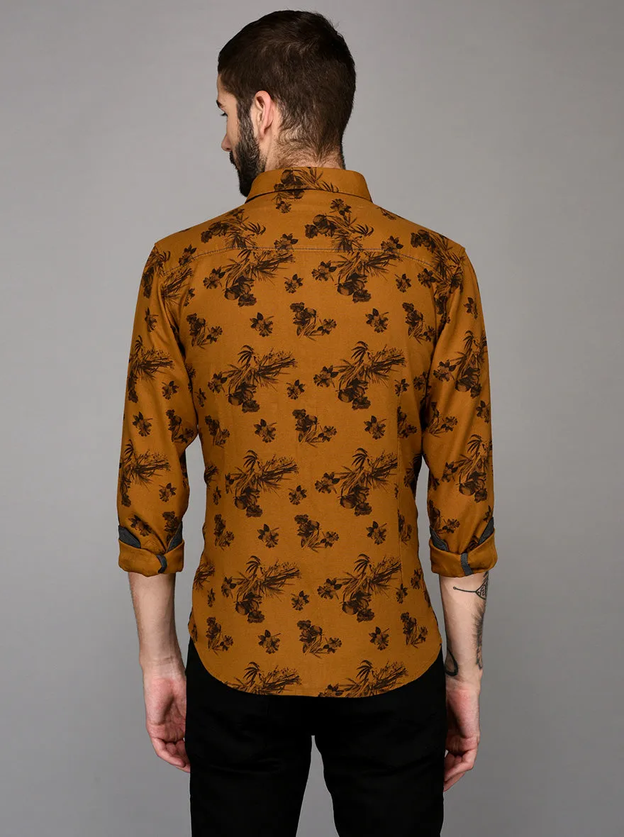 Greenfibre Brown Printed Slim Fit Casual Shirt