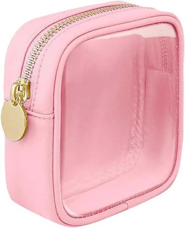 GSHLLO Small Nylon PVC Cosmetic Travel Bag Mini Clear Makeup Bag Waterproof Toiletry Storage Clutch Coin Zipper Pouch Beauty Skincare Bag for Women Girls Pink