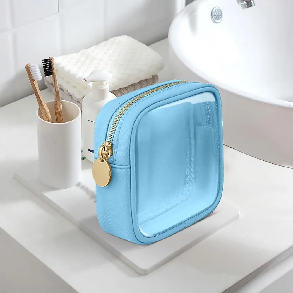 GSHLLO Small Nylon PVC Cosmetic Travel Bag Mini Clear Makeup Bag Waterproof Toiletry Storage Clutch Coin Zipper Pouch Beauty Skincare Bag for Women Girls Pink