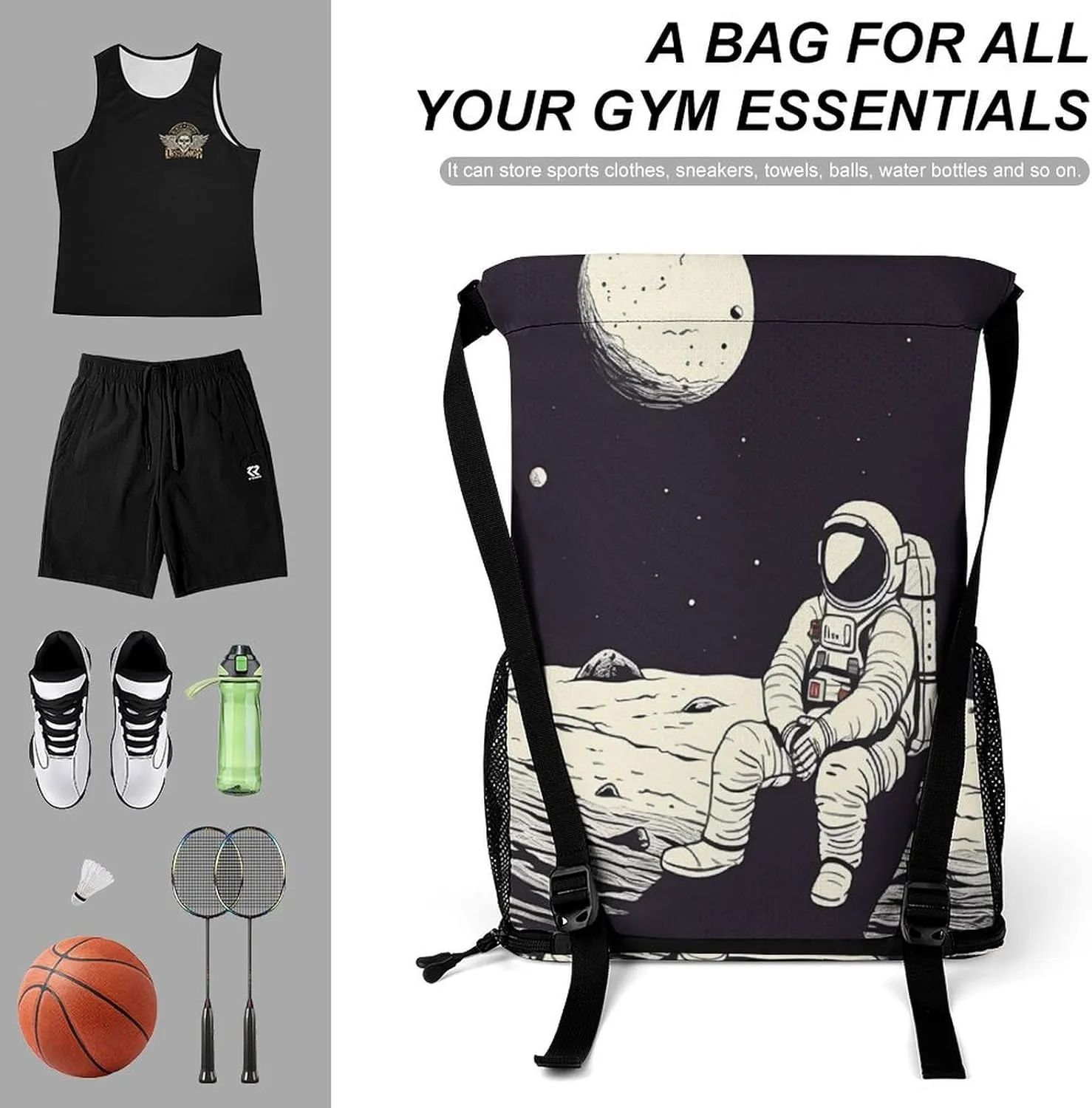 Gym Bag for Women Men Astronaut on MoonTravel Duffel Bag Large Capacity Sports Drawstring Backpack