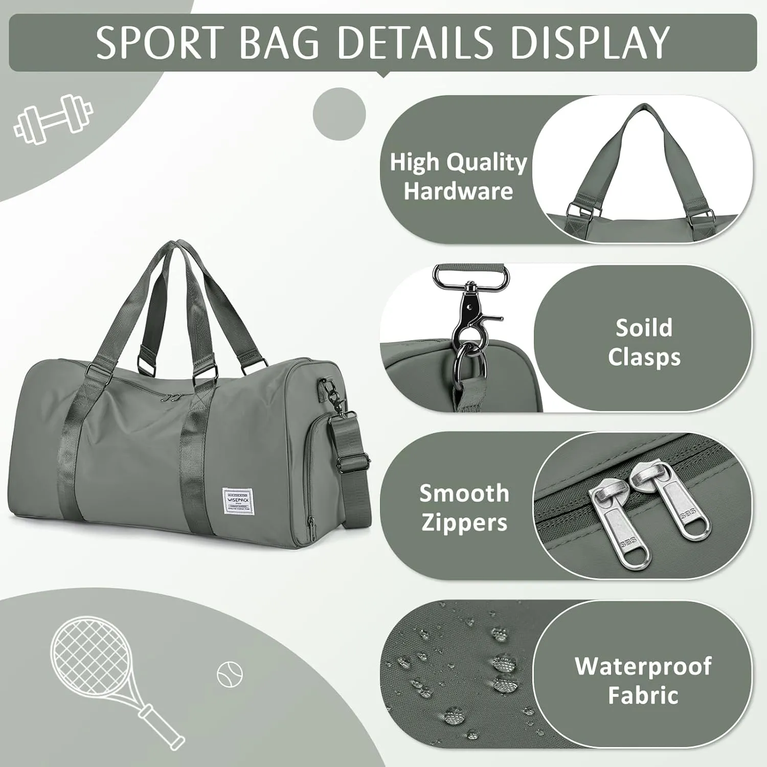 Gym Bag With Shoe Compartment, Sports Duffle for Men and Women, Travel Tote, Weekender Overnight, Personal Item Carry-on, Workout Bag for Sports - Green