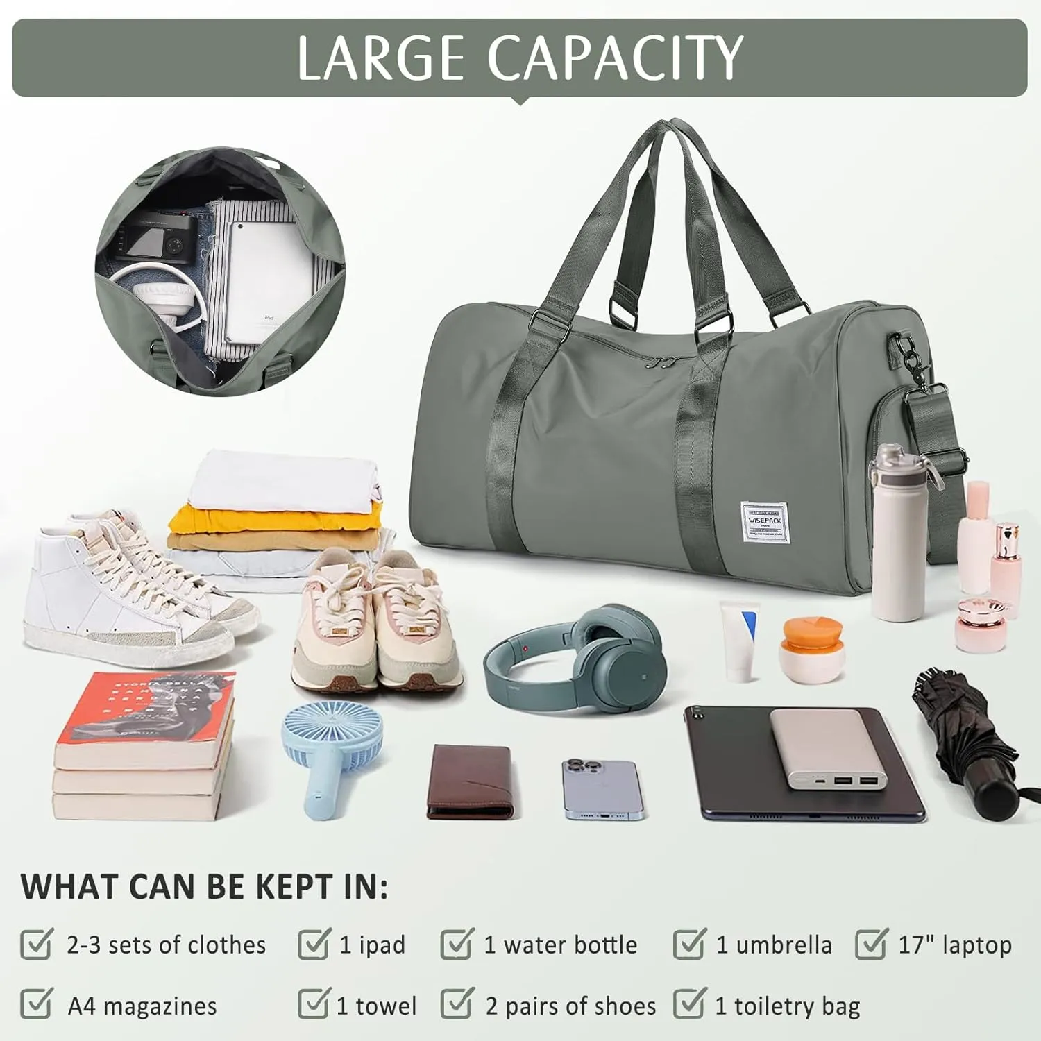 Gym Bag With Shoe Compartment, Sports Duffle for Men and Women, Travel Tote, Weekender Overnight, Personal Item Carry-on, Workout Bag for Sports - Green