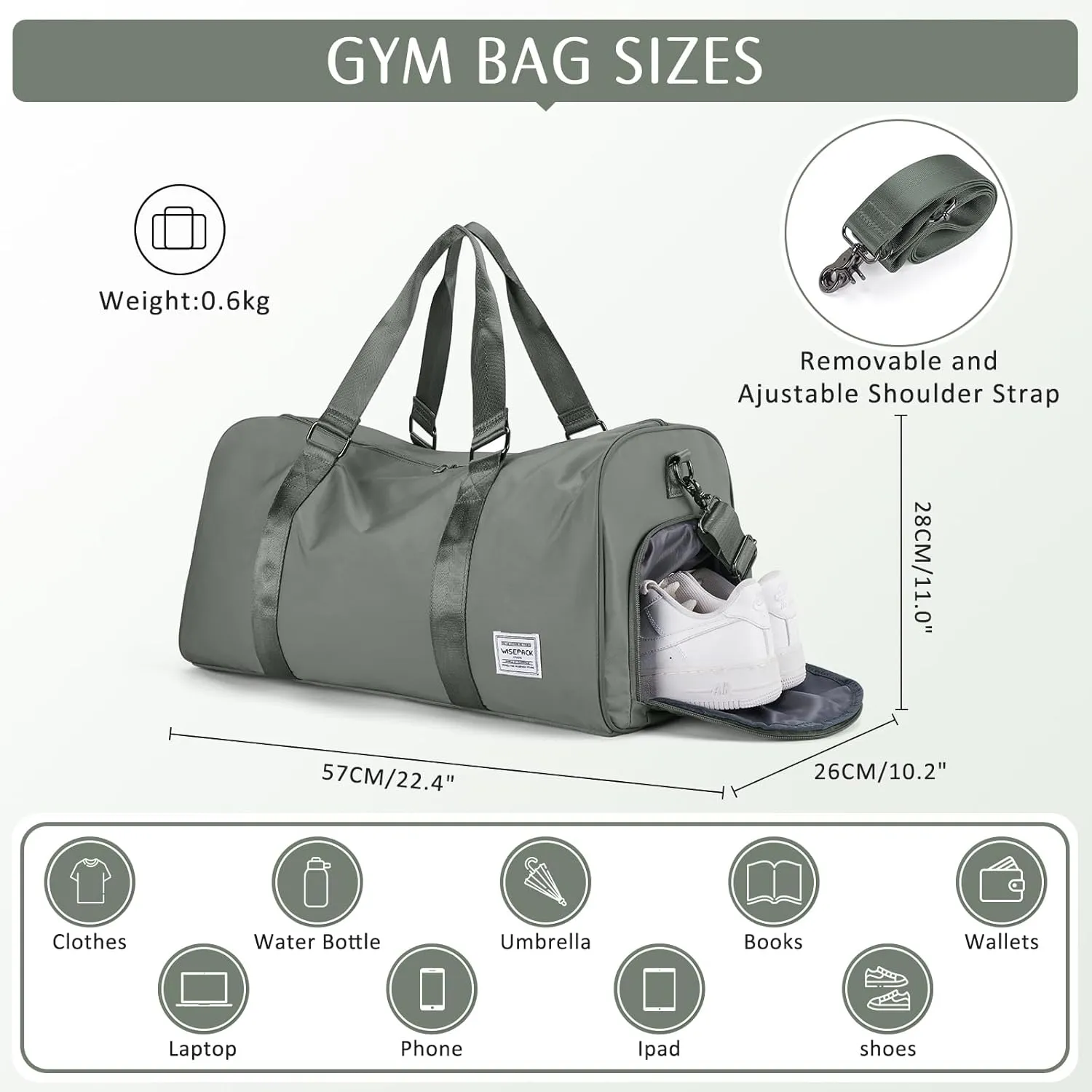 Gym Bag With Shoe Compartment, Sports Duffle for Men and Women, Travel Tote, Weekender Overnight, Personal Item Carry-on, Workout Bag for Sports - Green