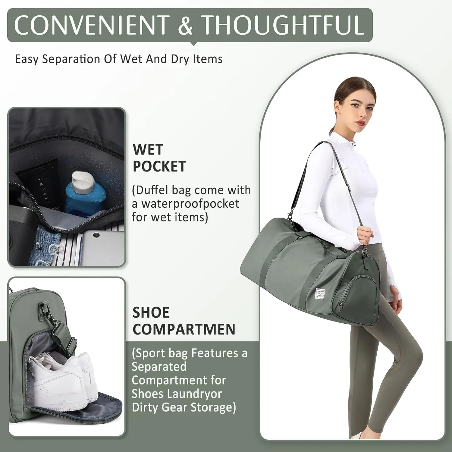 Gym Bag With Shoe Compartment, Sports Duffle for Men and Women, Travel Tote, Weekender Overnight, Personal Item Carry-on, Workout Bag for Sports - Green