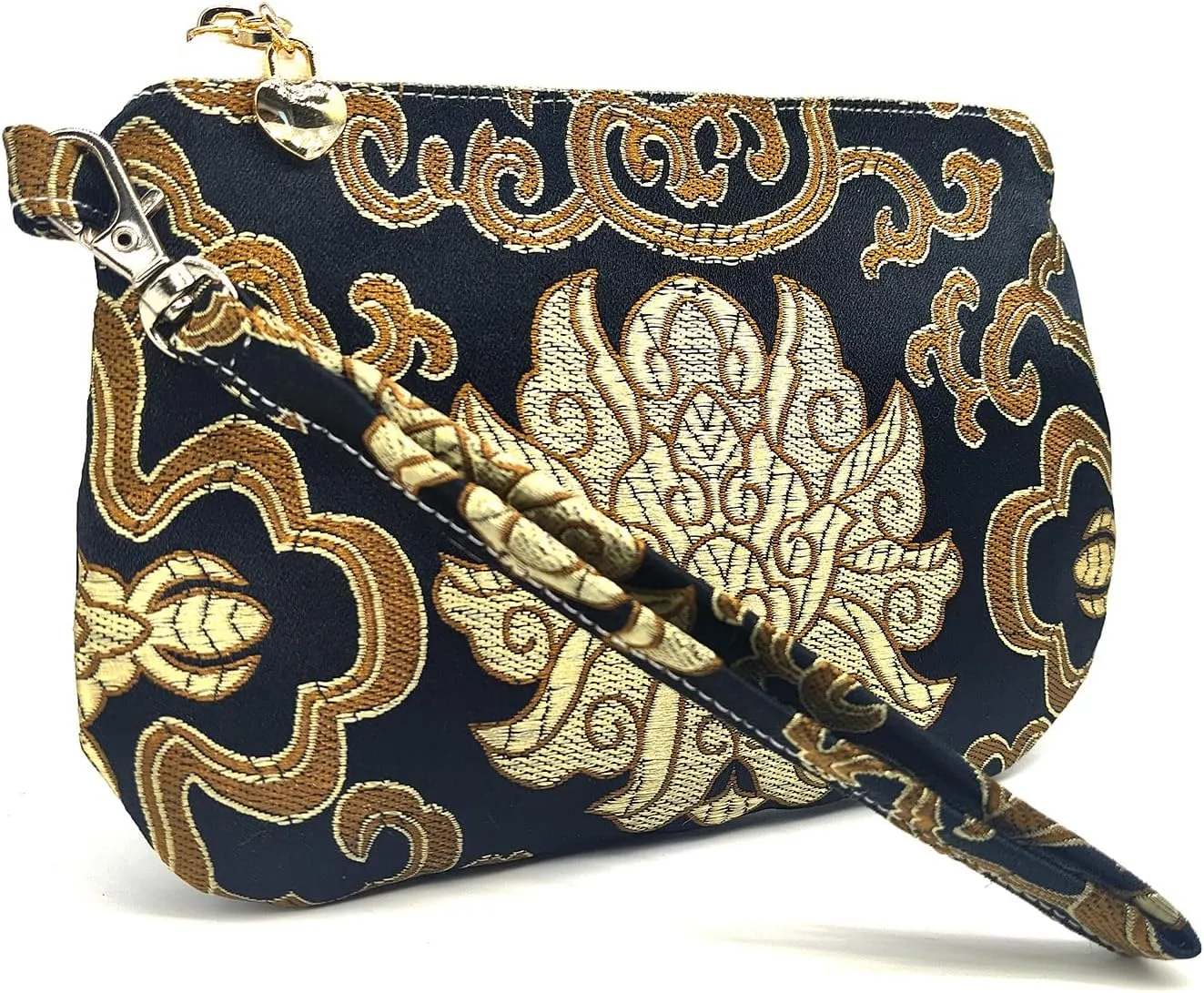 Handmade Zipper Coin Purse with Wristlet Strap Silk Rosary Pouch Jewelry Bag Brocade Wallet - Black