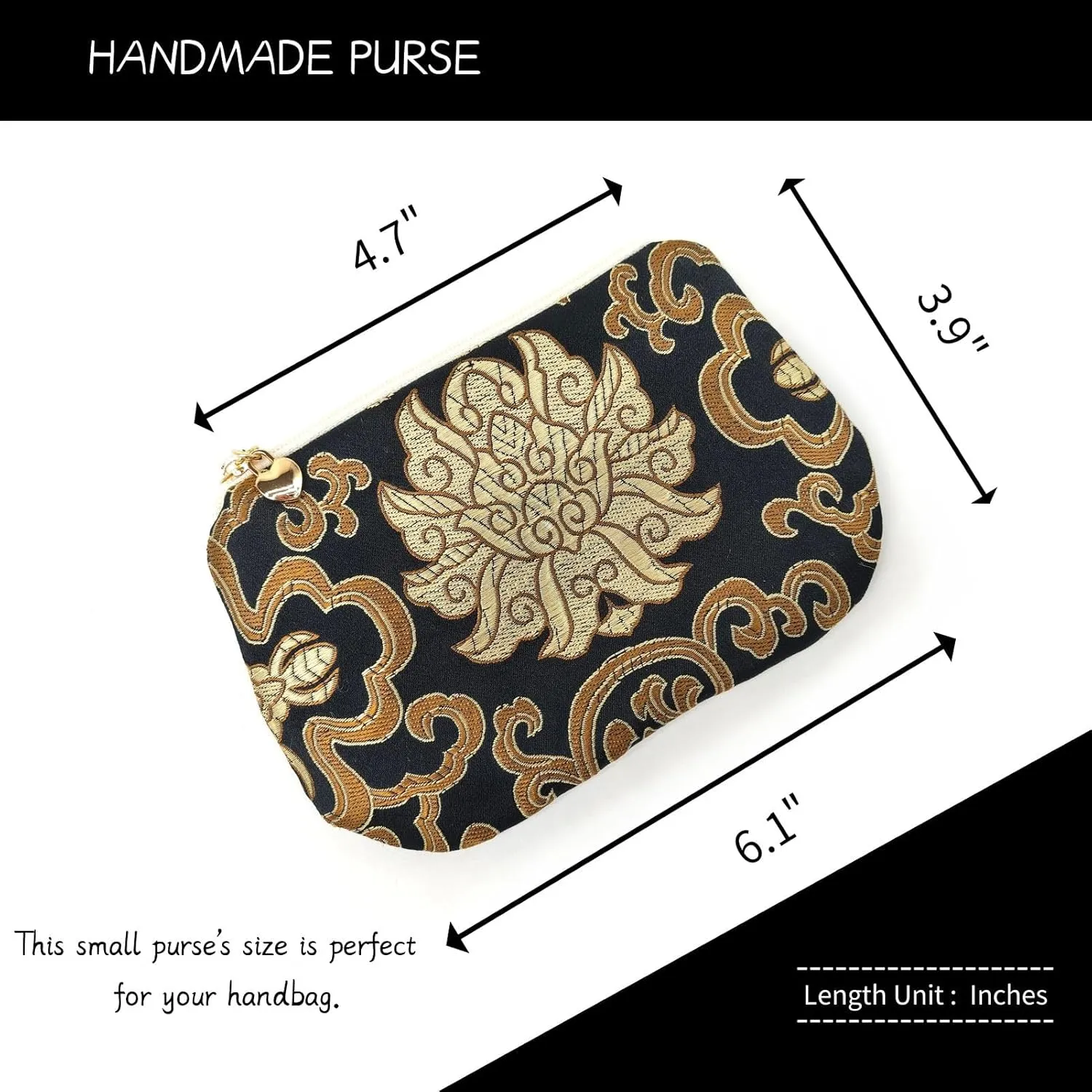 Handmade Zipper Coin Purse with Wristlet Strap Silk Rosary Pouch Jewelry Bag Brocade Wallet - Black