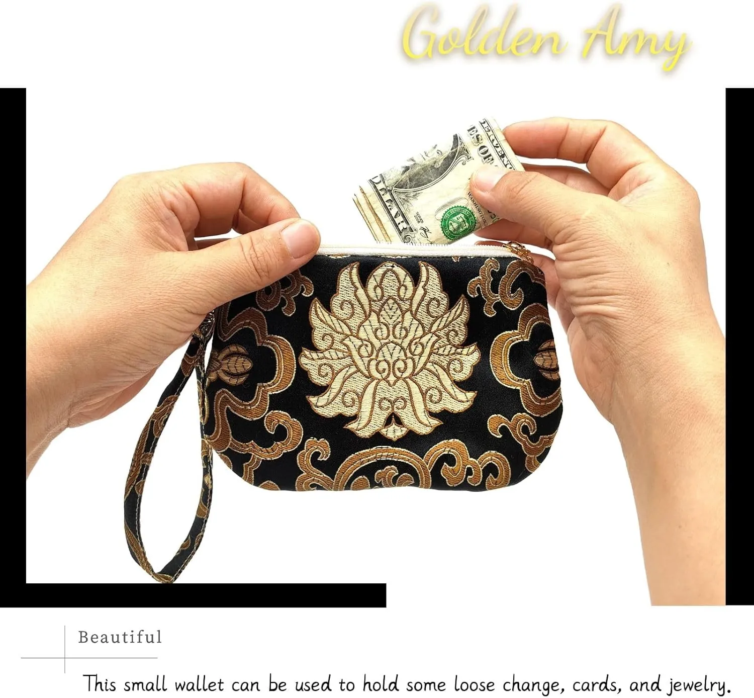 Handmade Zipper Coin Purse with Wristlet Strap Silk Rosary Pouch Jewelry Bag Brocade Wallet - Black