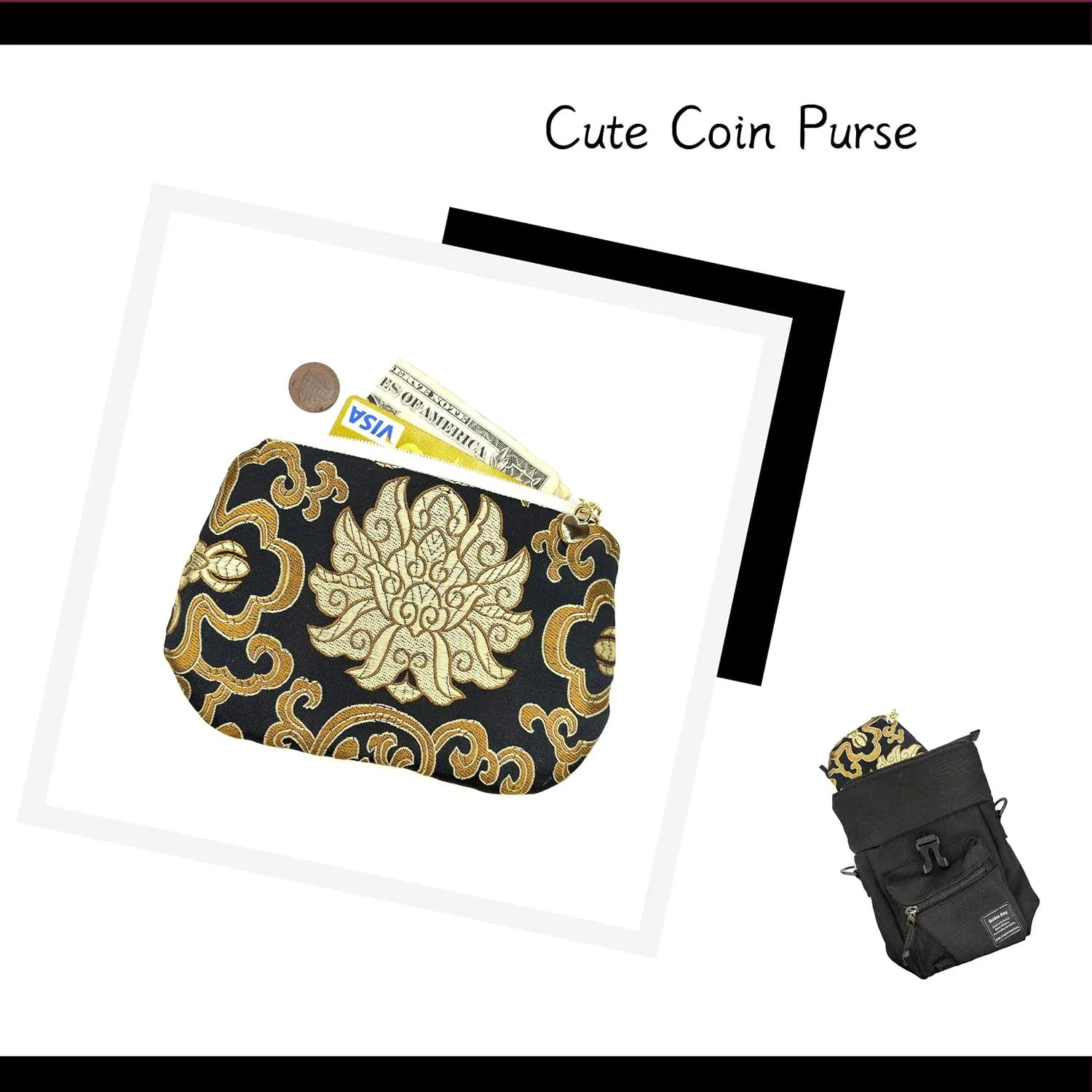 Handmade Zipper Coin Purse with Wristlet Strap Silk Rosary Pouch Jewelry Bag Brocade Wallet - Black