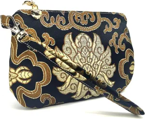 Handmade Zipper Coin Purse with Wristlet Strap Silk Rosary Pouch Jewelry Bag Brocade Wallet - Black