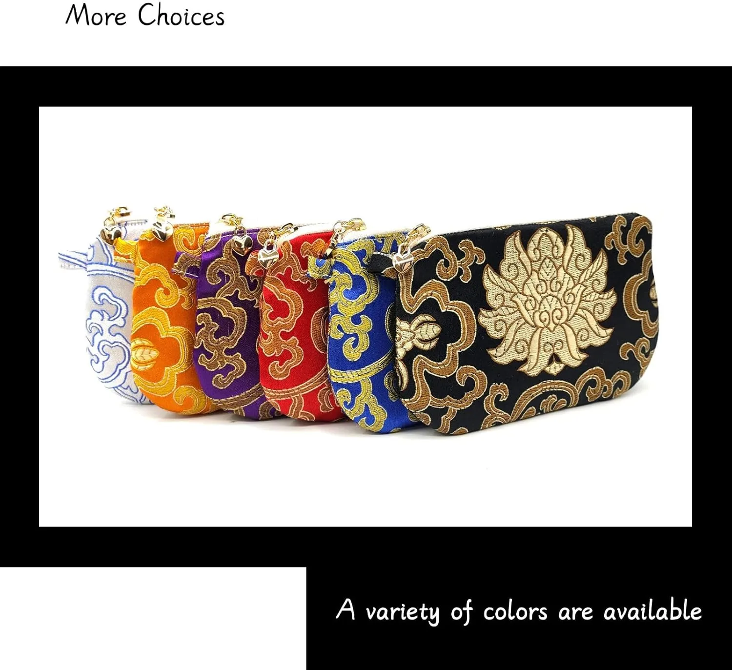 Handmade Zipper Coin Purse with Wristlet Strap Silk Rosary Pouch Jewelry Bag Brocade Wallet - Black