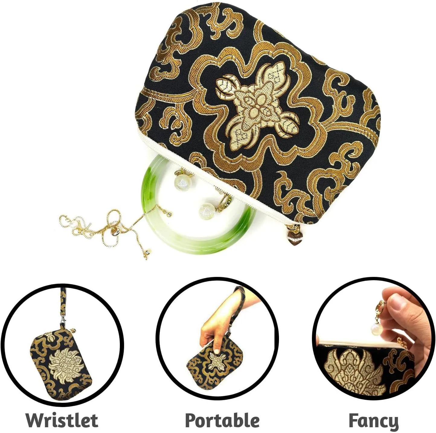 Handmade Zipper Coin Purse with Wristlet Strap Silk Rosary Pouch Jewelry Bag Brocade Wallet - Black
