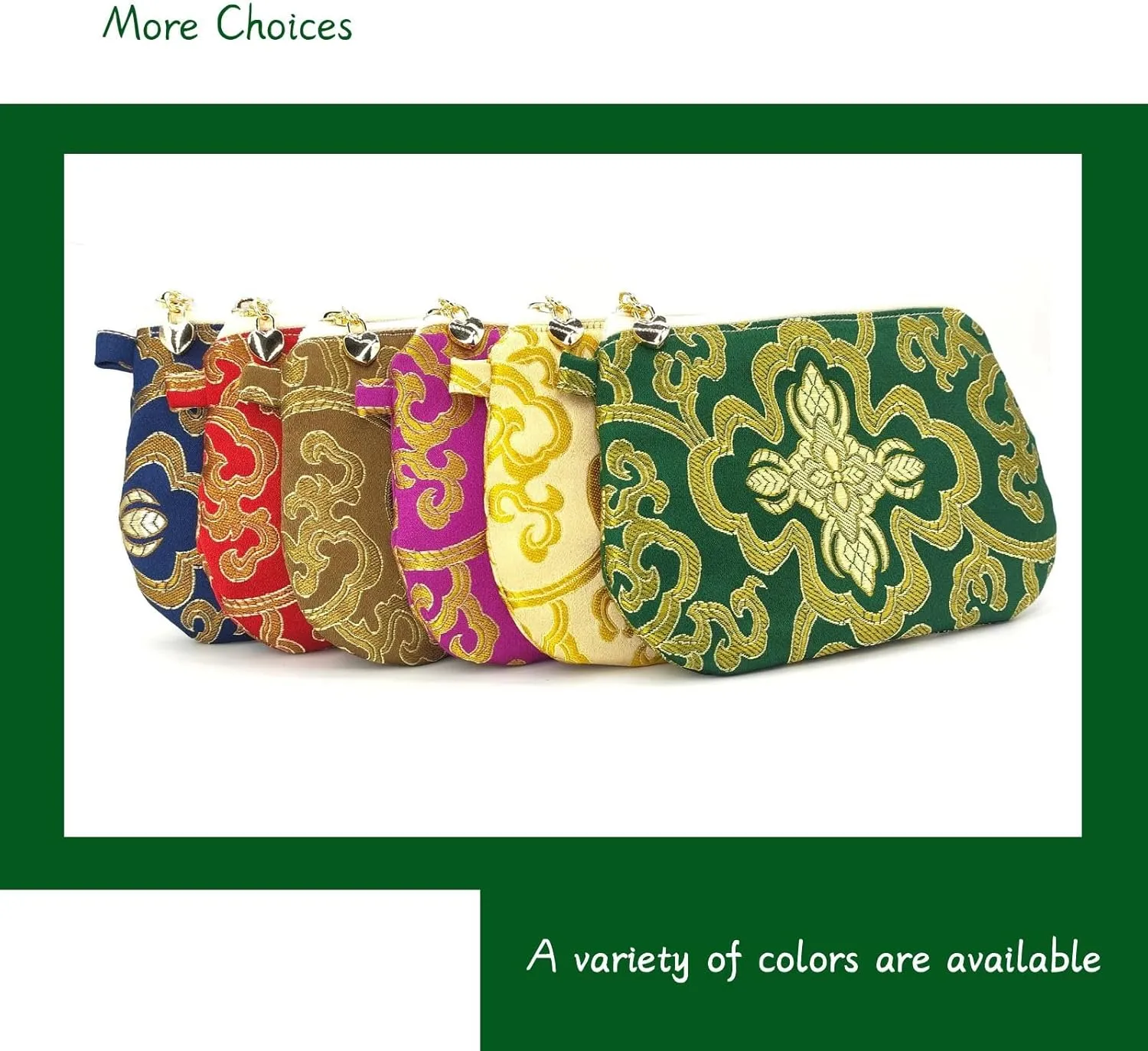 Handmade Zipper Coin Purse with Wristlet Strap Silk Rosary Pouch Jewelry Bag Brocade Wallet - Darkgreen