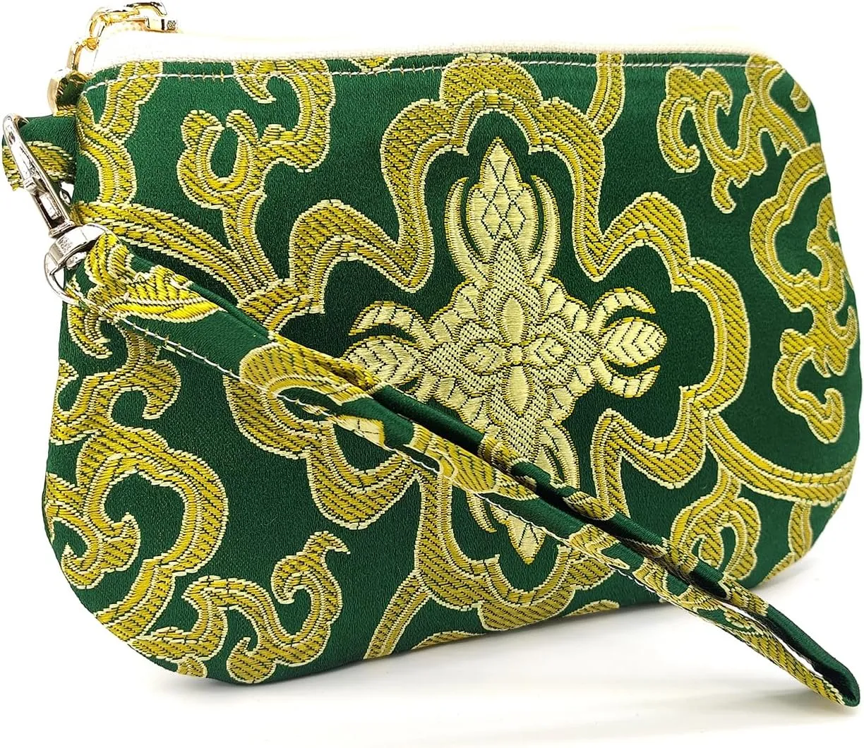 Handmade Zipper Coin Purse with Wristlet Strap Silk Rosary Pouch Jewelry Bag Brocade Wallet - Darkgreen