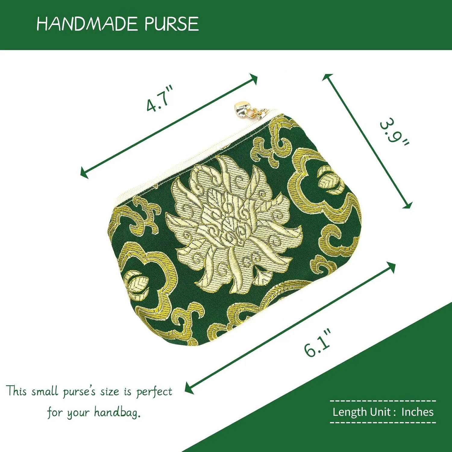 Handmade Zipper Coin Purse with Wristlet Strap Silk Rosary Pouch Jewelry Bag Brocade Wallet - Darkgreen