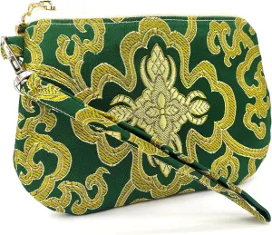 Handmade Zipper Coin Purse with Wristlet Strap Silk Rosary Pouch Jewelry Bag Brocade Wallet - Darkgreen