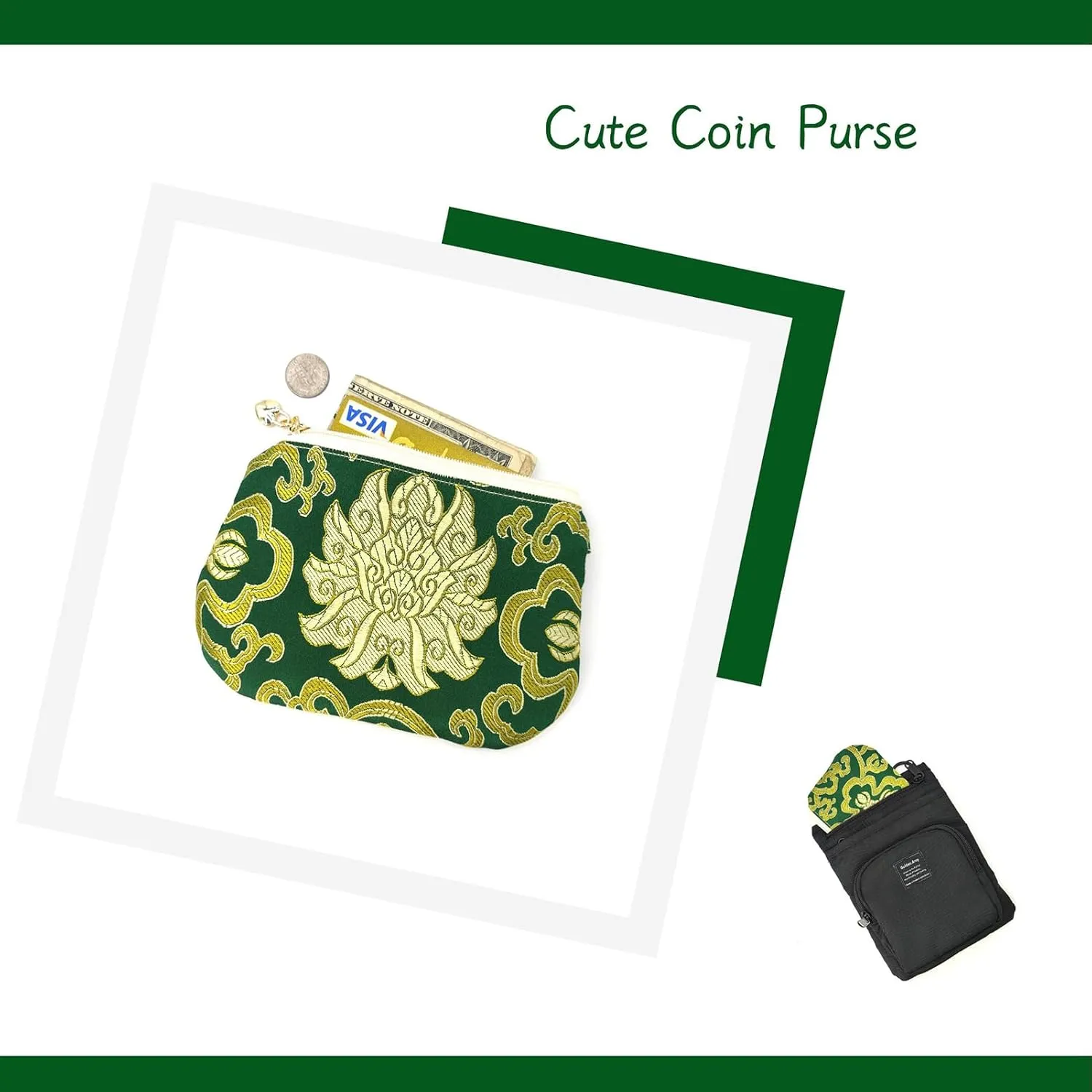 Handmade Zipper Coin Purse with Wristlet Strap Silk Rosary Pouch Jewelry Bag Brocade Wallet - Darkgreen
