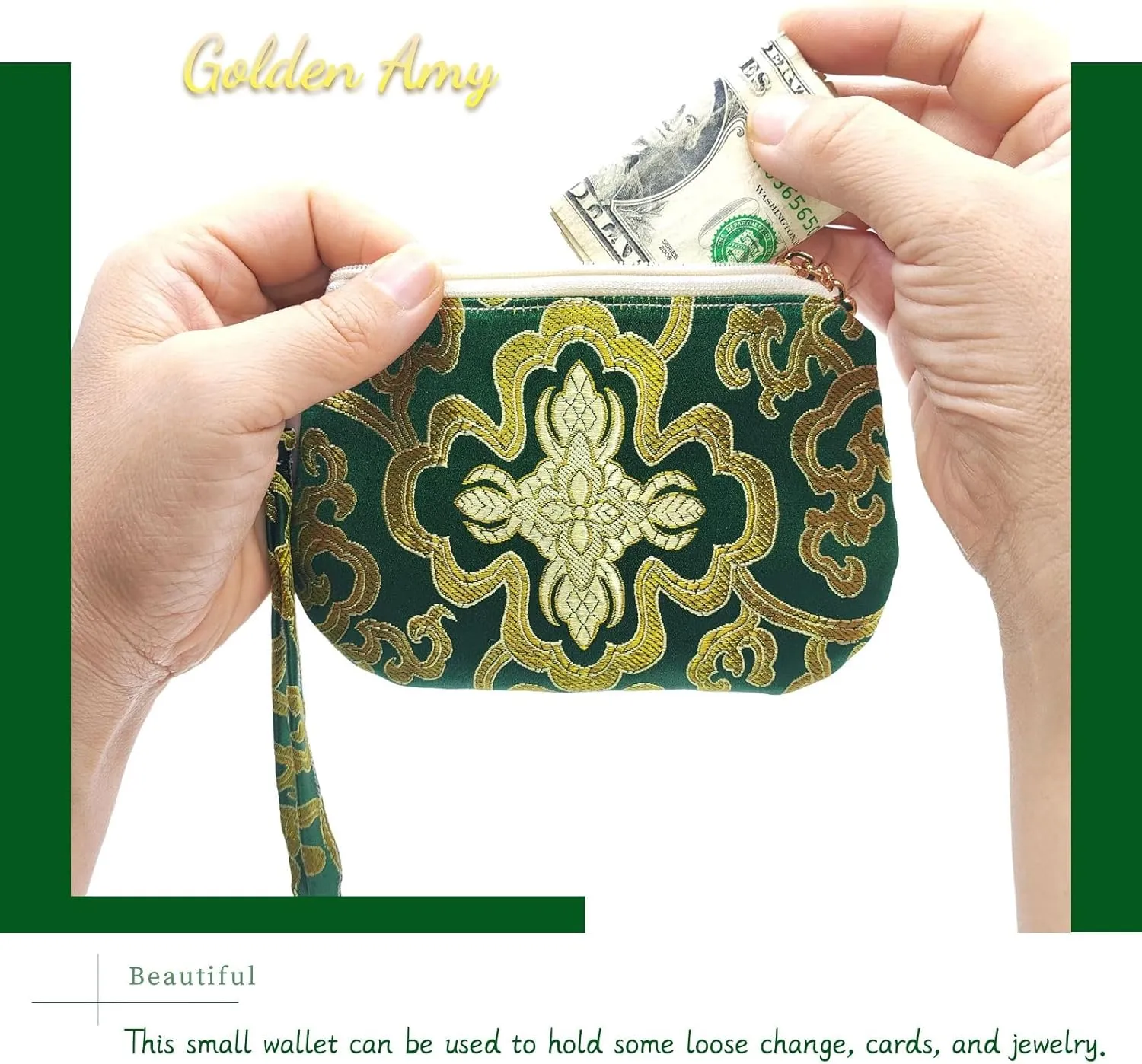 Handmade Zipper Coin Purse with Wristlet Strap Silk Rosary Pouch Jewelry Bag Brocade Wallet - Darkgreen