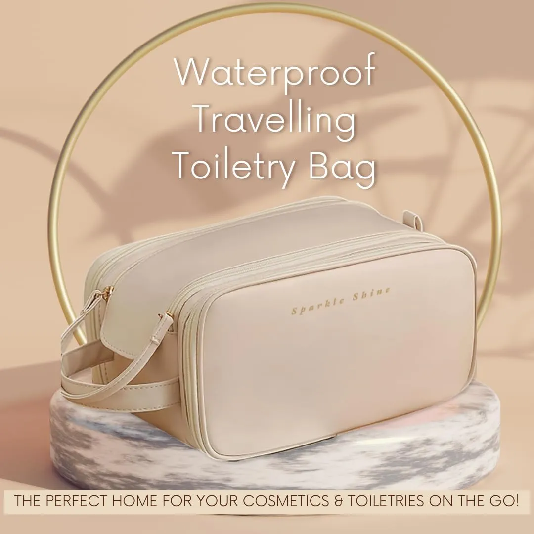Hanging Travel Makeup Bag Organizer for Women & Men - Waterproof Pouch for Toiletries, Cosmetics, Beauty, Jewelry & Skin Care with Handle (In Beige)