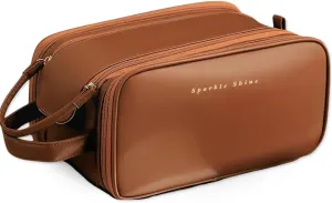 Hanging Travel Makeup Bag Organizer for Women & Men - Waterproof Pouch for Toiletries, Cosmetics, Beauty, Jewelry & Skin Care with Handle (In Brown)
