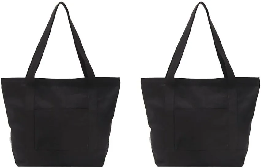 Heavy Duty 100% Cotton Canvas Zipper Beach Shoulder Grocery Tote Bag With Outer Pocket 2-pack