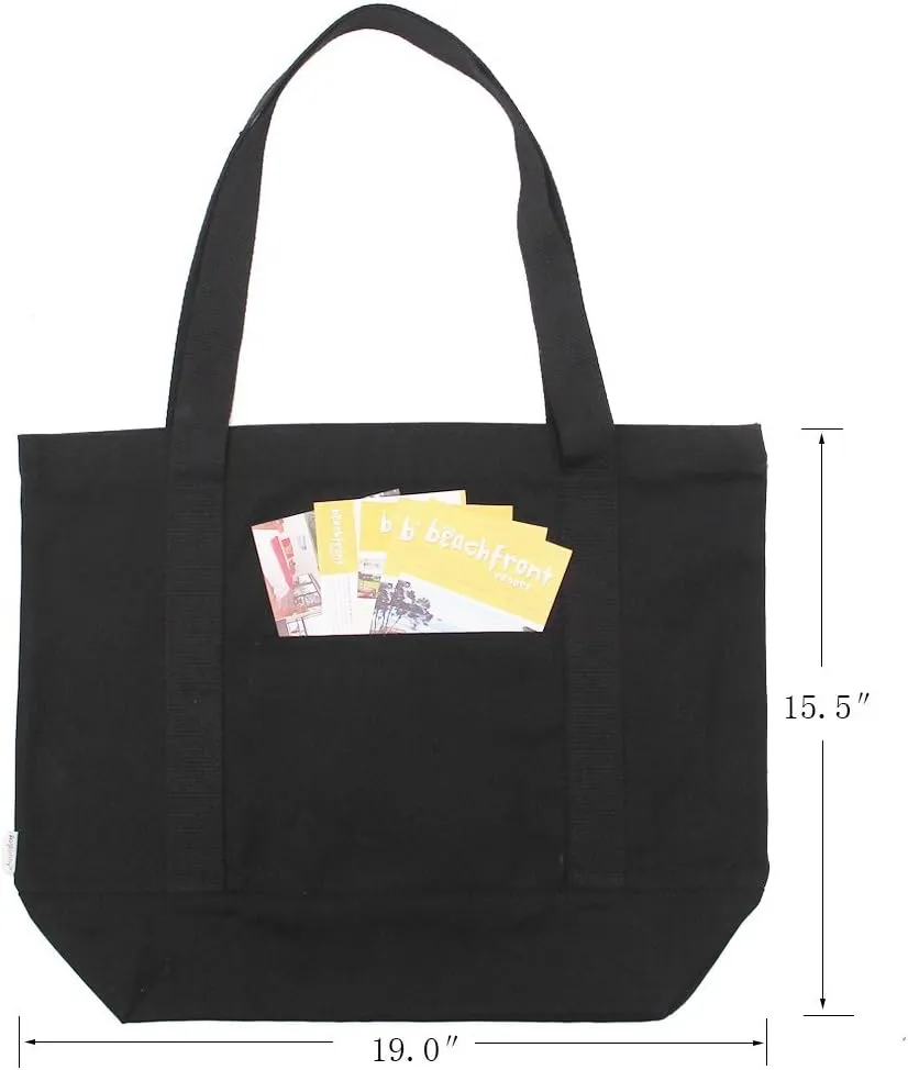 Heavy Duty 100% Cotton Canvas Zipper Beach Shoulder Grocery Tote Bag With Outer Pocket 2-pack