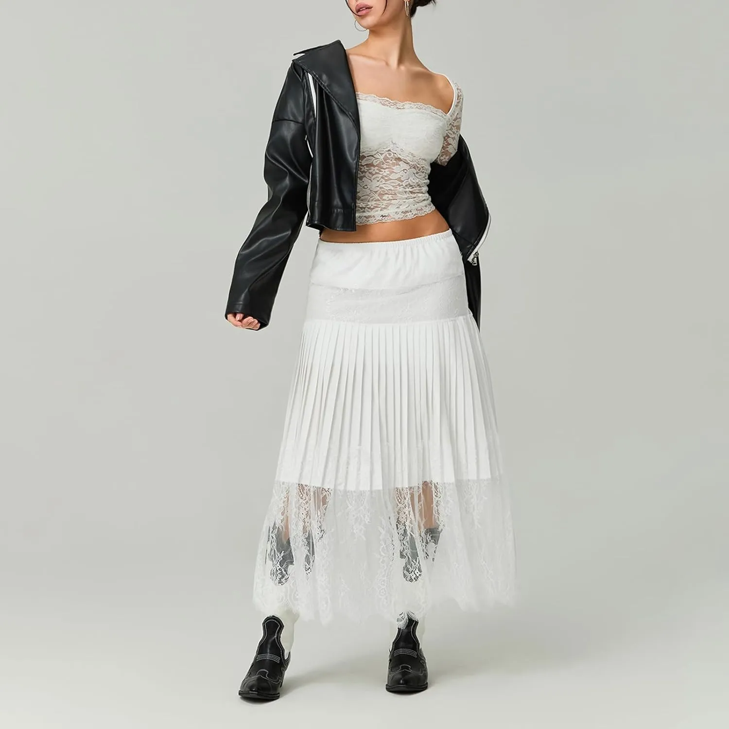 HengShunRui Women Floral Lace Pleated Skirt Summer A-Line Midi Skirts