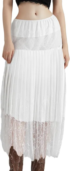 HengShunRui Women Floral Lace Pleated Skirt Summer A-Line Midi Skirts