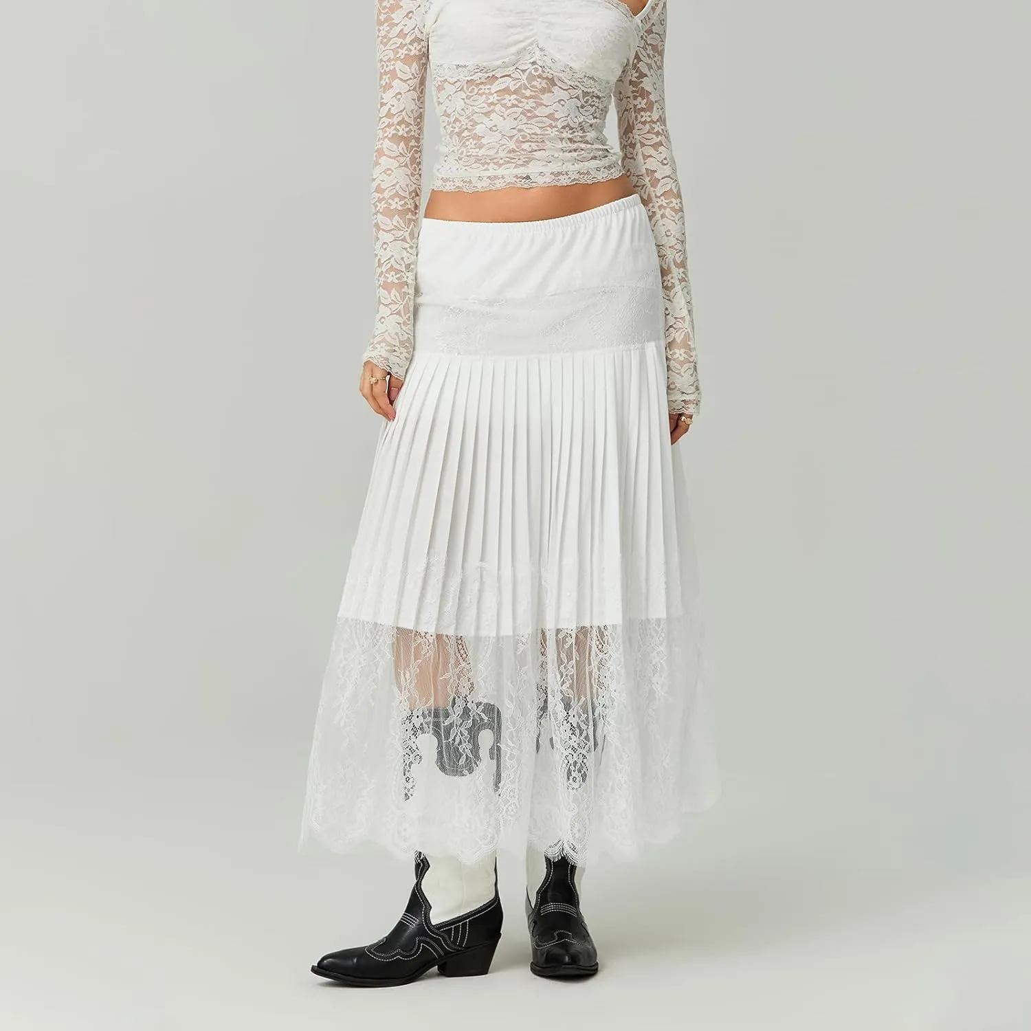HengShunRui Women Floral Lace Pleated Skirt Summer A-Line Midi Skirts