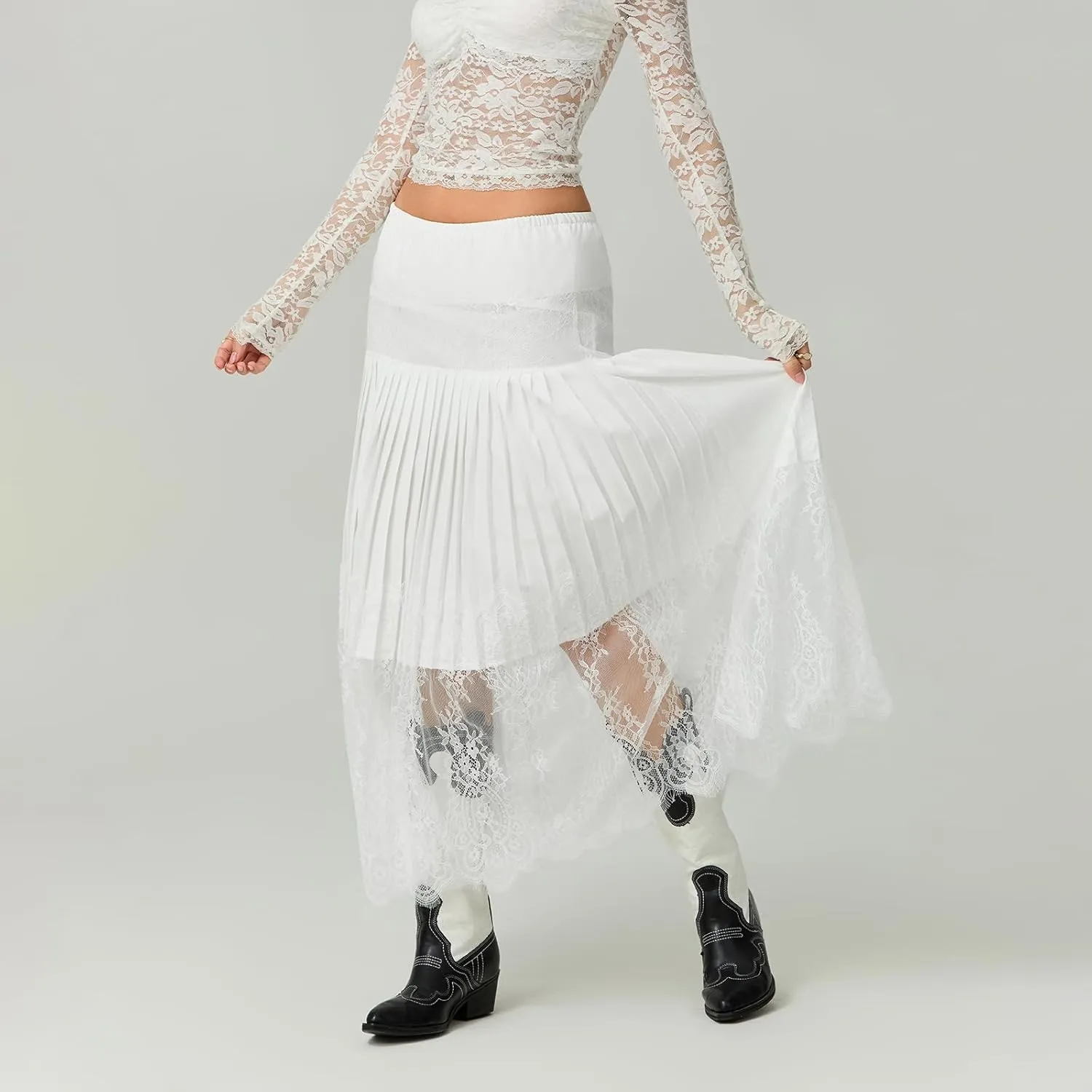 HengShunRui Women Floral Lace Pleated Skirt Summer A-Line Midi Skirts