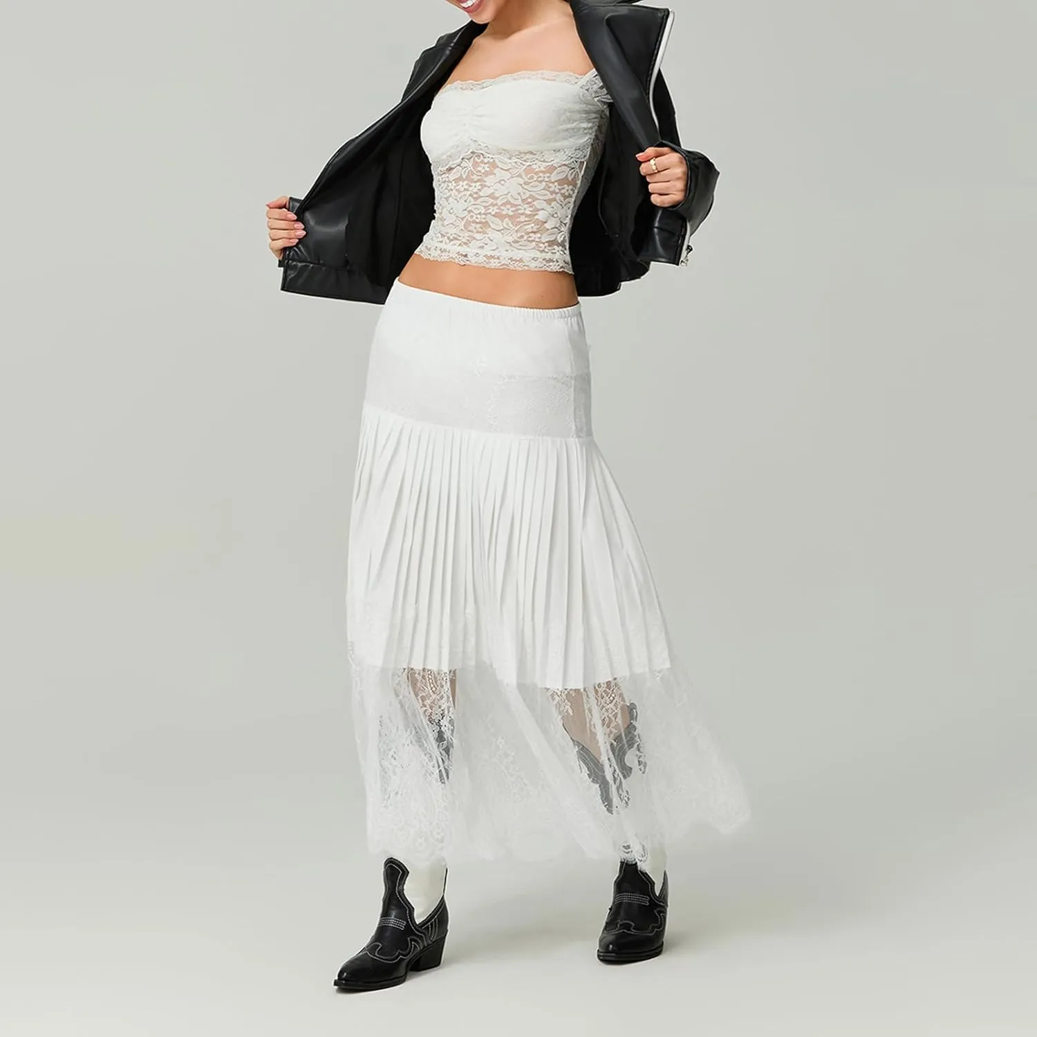 HengShunRui Women Floral Lace Pleated Skirt Summer A-Line Midi Skirts