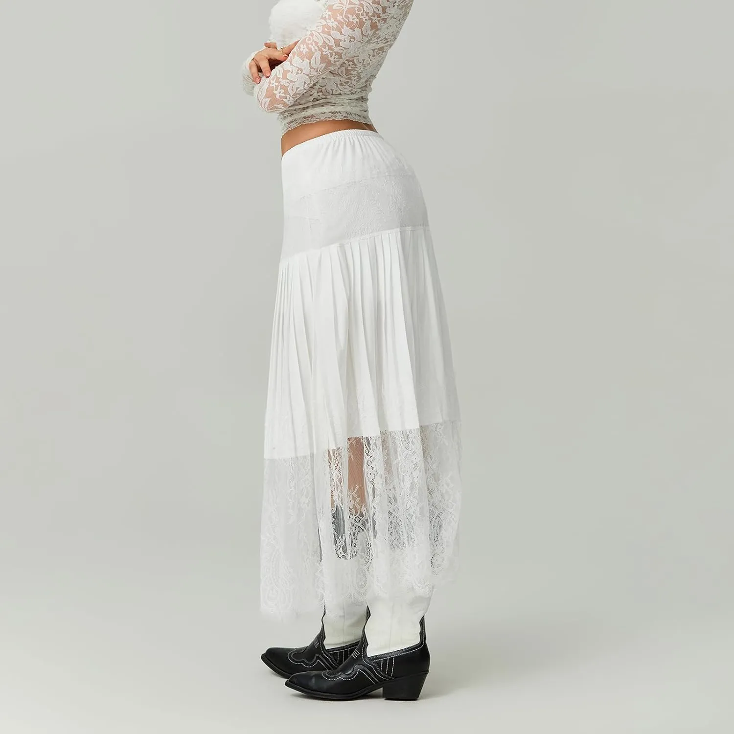 HengShunRui Women Floral Lace Pleated Skirt Summer A-Line Midi Skirts