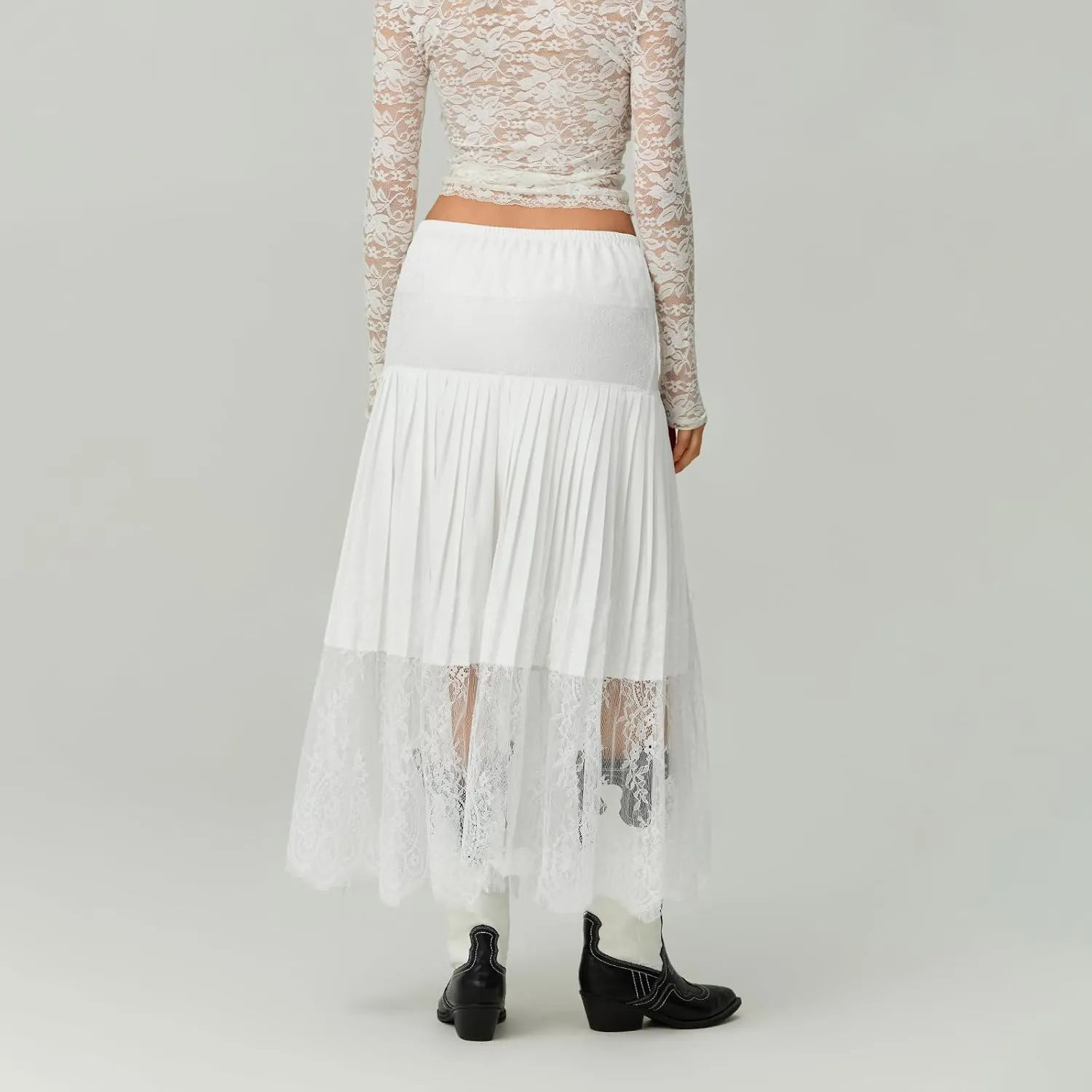 HengShunRui Women Floral Lace Pleated Skirt Summer A-Line Midi Skirts