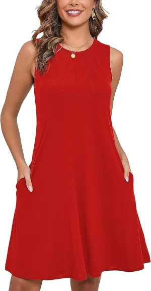 Heymoments Women's Summer Sleeveless Crew Neck Midi Dresses Casual Loose Fitted Tank Sundress with Pockets