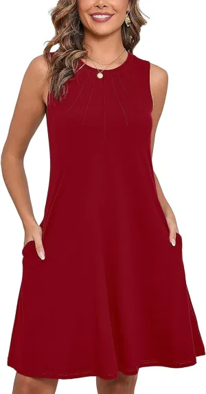Heymoments Women's Summer Sleeveless Crew Neck Midi Dresses Casual Loose Fitted Tank Sundress with Pockets