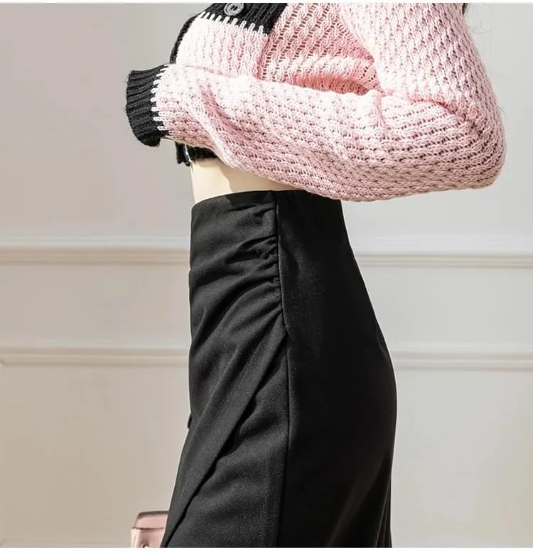 Hgvcfcv Women's High Waist Pencil Skirt Women's Autumn Korean Style Solid Color Woolen Office Ladies Black Skirt